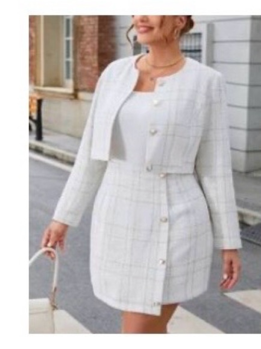 SHEIN White Plaid Cropped Jacket and Sheath Dress Set